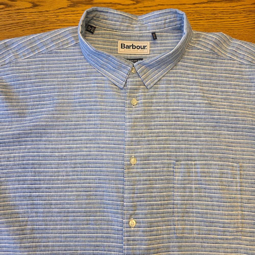 Barbour Men's 2XL Blue Striped Short Sleeve Button Down Shirt Regular Fit - Picture 2 of 16